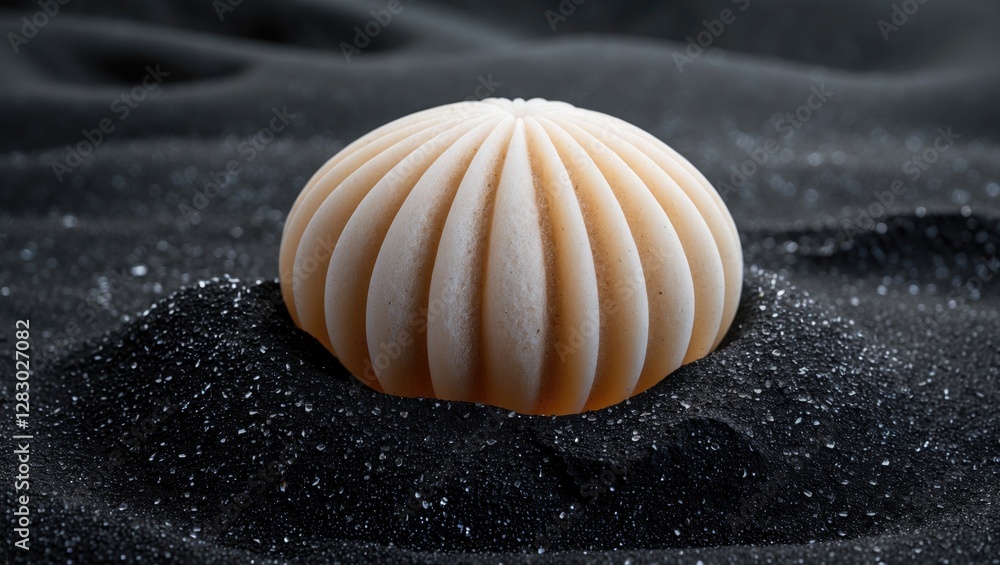 Poster close-up of a seashell with ridges resting on black sand with scattered fine grains creating a textu