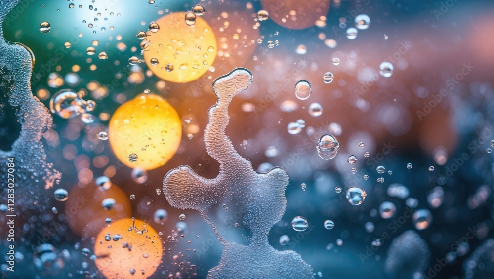 Poster colored water droplets on glass surface with bokeh lights in the background creating a blurred and a
