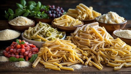 Assorted types of pasta arranged on wooden table with fresh ingredients cheese and berries in bowls and scattered parmesan cheese