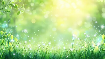 Obraz premium Dewy Dandelions in a Sunny Green Meadow