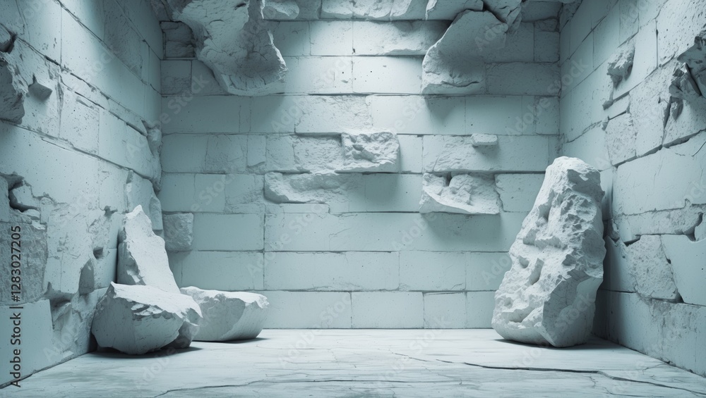 Poster empty room with fragmented white stone walls and large rock formations illuminated by soft light
