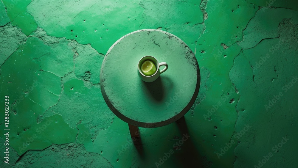 Poster green table with a cup containing a slice of lemon on a textured green surface in a minimalistic com