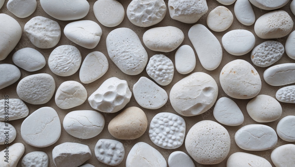 Poster white pebbles and stones arranged on a flat surface in various shapes and textures displaying natura