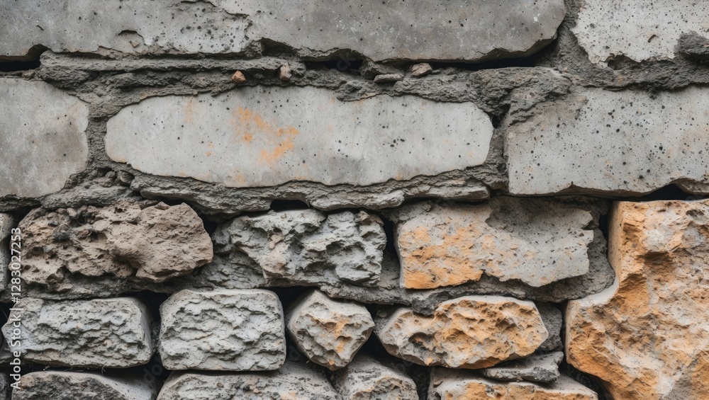 Poster textured wall composed of various sizes and shapes of stone and concrete bricks in a neutral color p