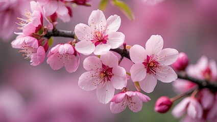 Obraz premium Cherry blossom branch with pink flowers against a blurred pink background in a natural setting.