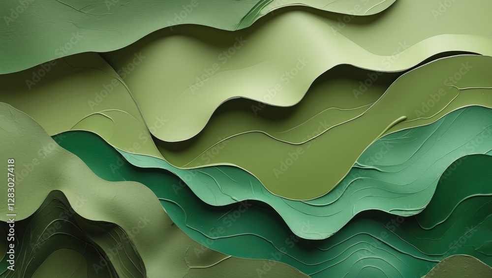 Poster textured abstract background with layered wavy shapes in various shades of green and mint colors sui