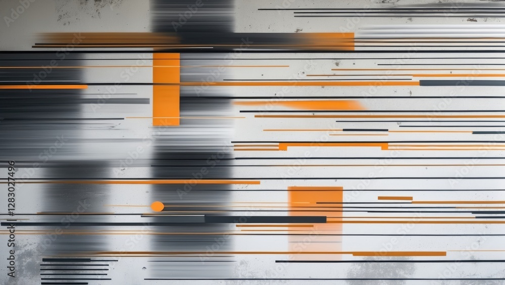 Poster abstract motion blur with lines and shapes in orange and black tones on a textured wall background.