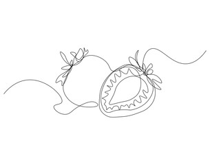 Continuous line drawing of strawberry fruit. Single line illustration of national strawberry day. Fresh, dessert, vitamin concept. Editable outline
