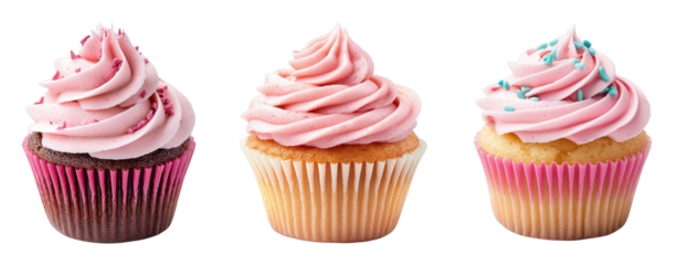 Colorful cupcakes with pink frosting and decorative toppings