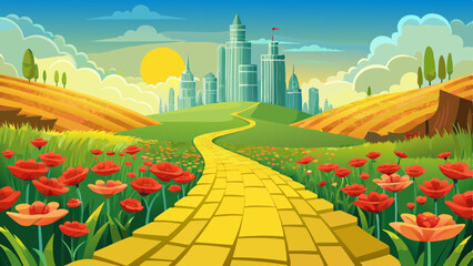 Yellow brick road leading through poppy field to green emerald city in the distance. Wizard of Oz concept. © ehsanollah