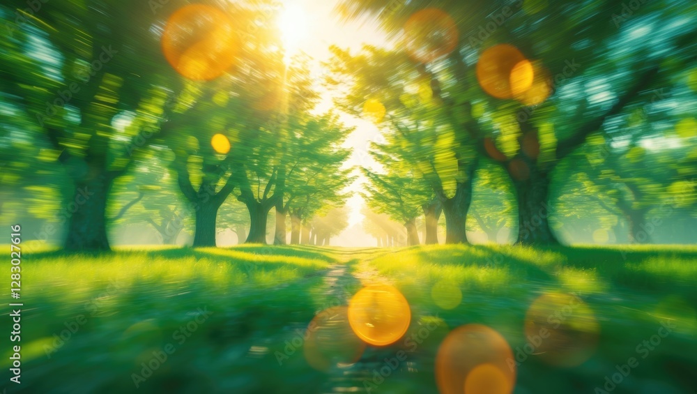 Poster sunlit tree-lined pathway with soft focus and bokeh effect in a lush green forest during daytime