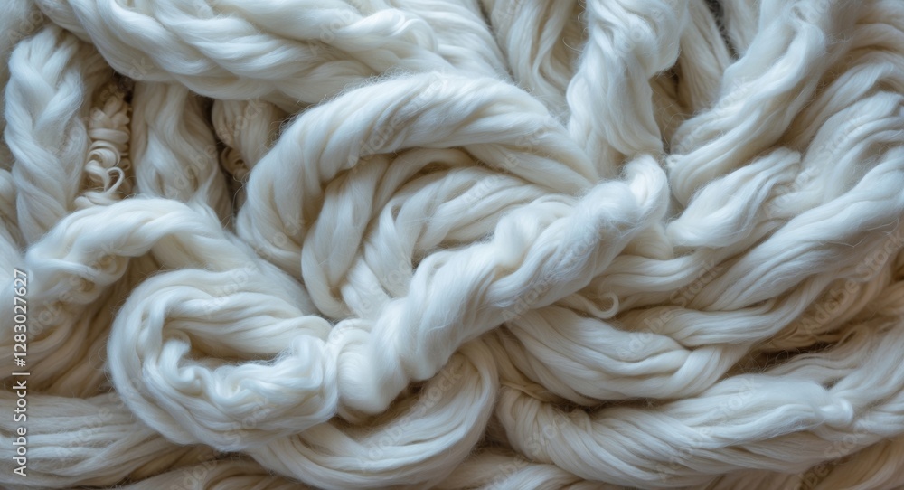 Poster white twisted yarn fibers in a dense abstract pattern, showcasing texture and softness of natural ma