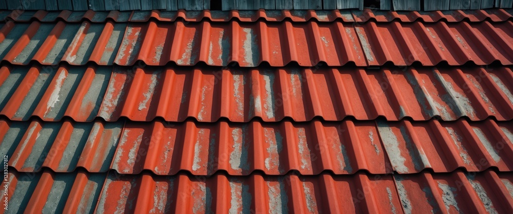 Poster roof tiles in a pattern of red and weathered gray shades arranged in rows on a building exterior.