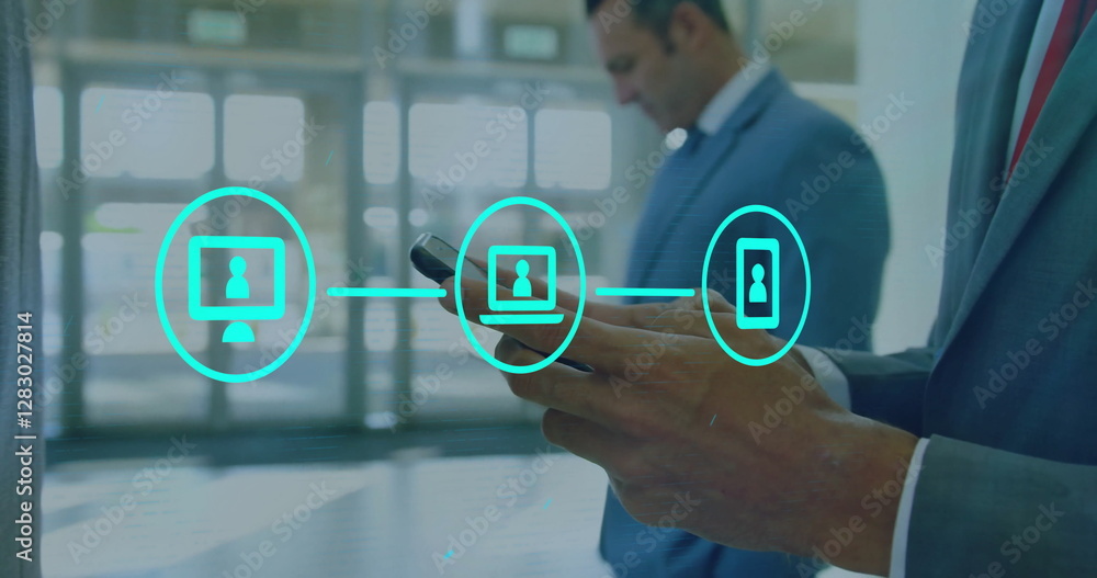 Poster image of network of connections with icons over caucasian man using smartphone