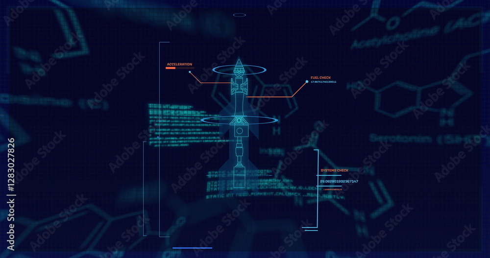 Aufkleber image of chemical formula and data processing over rocket blueprint