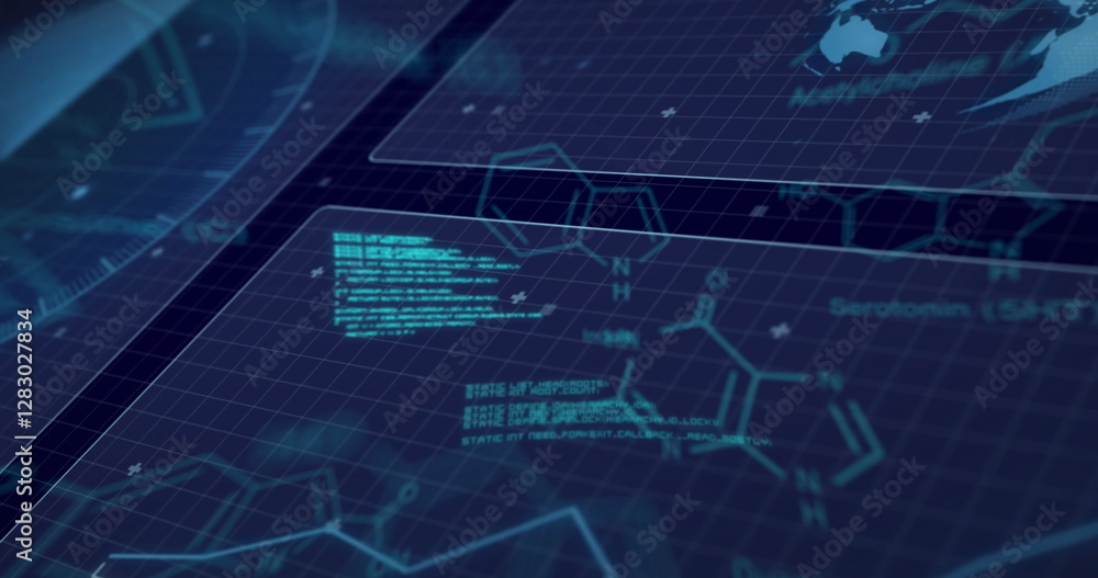 Poster image of chemical formula and data processing over globe