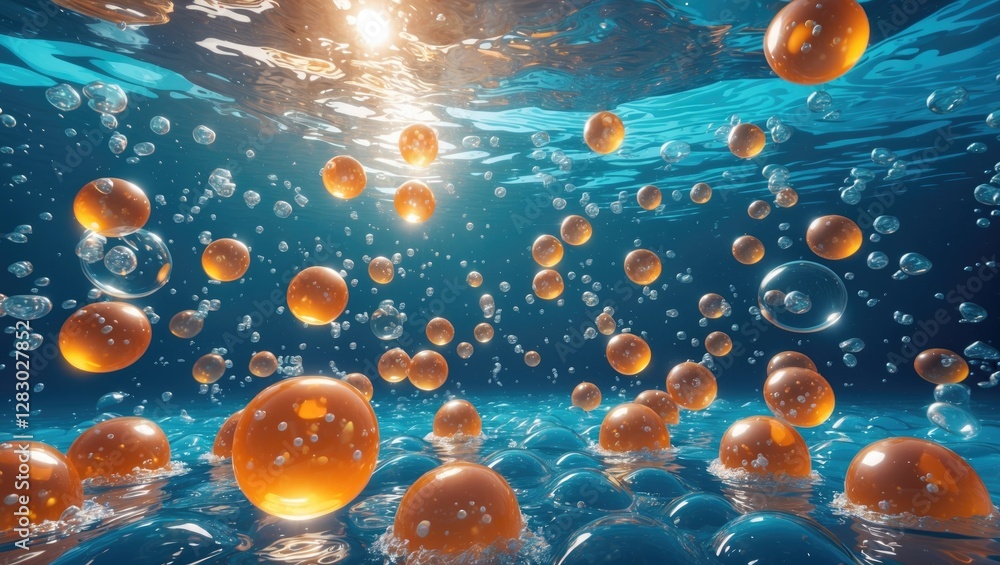 Poster underwater scene with floating orange spheres and bubbles illuminated by sunlight, creating an abstr