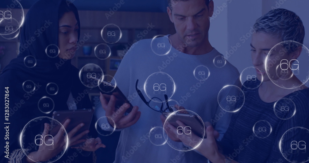 Poster image of circles with 6g text over diverse colleagues using tablets