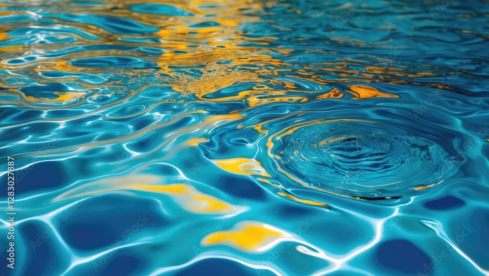 Poster blue water surface with ripples and reflections of light and colors creating a vibrant abstract patt
