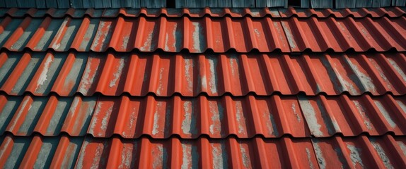 Roof tiles in a pattern of red and weathered gray shades arranged in rows on a building exterior.
