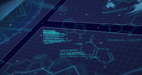 Image of chemical formula and data processing over globe