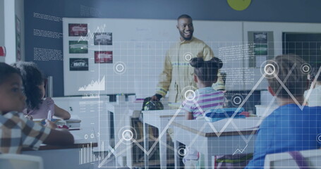 Image of diagrams and data processing over biracial male teacher with diverse schoolchildren