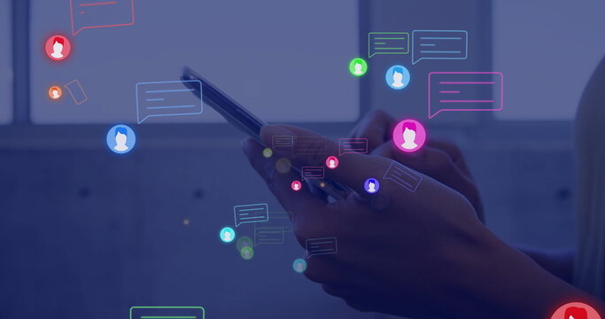 Image of social media icons with speech bubbles over biracial woman using smartphone