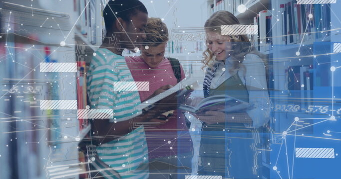 Image of shapes and data processing over diverse students reading books in library