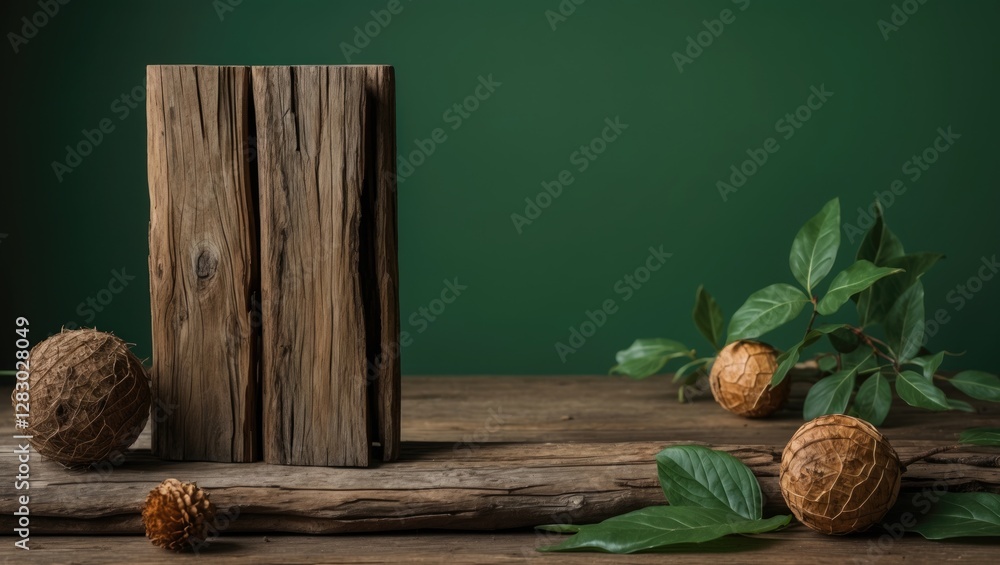 Poster wooden block display with natural elements including leaves and spherical objects on rustic wooden s