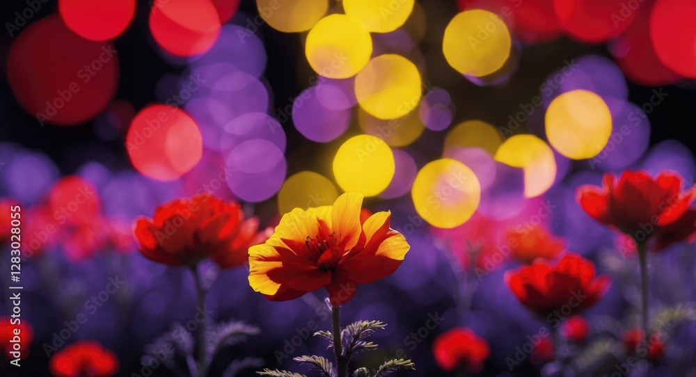 Aufkleber vibrant field of red and yellow flowers with colorful bokeh background in soft focus during nighttim