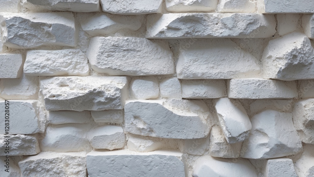 Poster textured white wall made of unevenly stacked stones arranged in a random pattern for architectural a