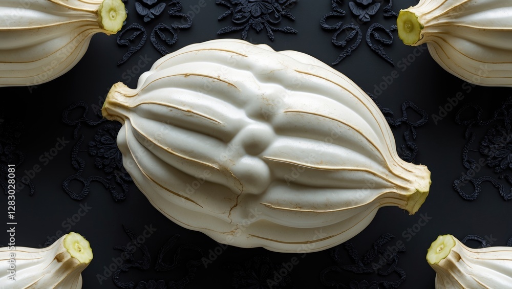 Poster white acorn squashes arranged on a black background showcasing their unique shape and texture in a t