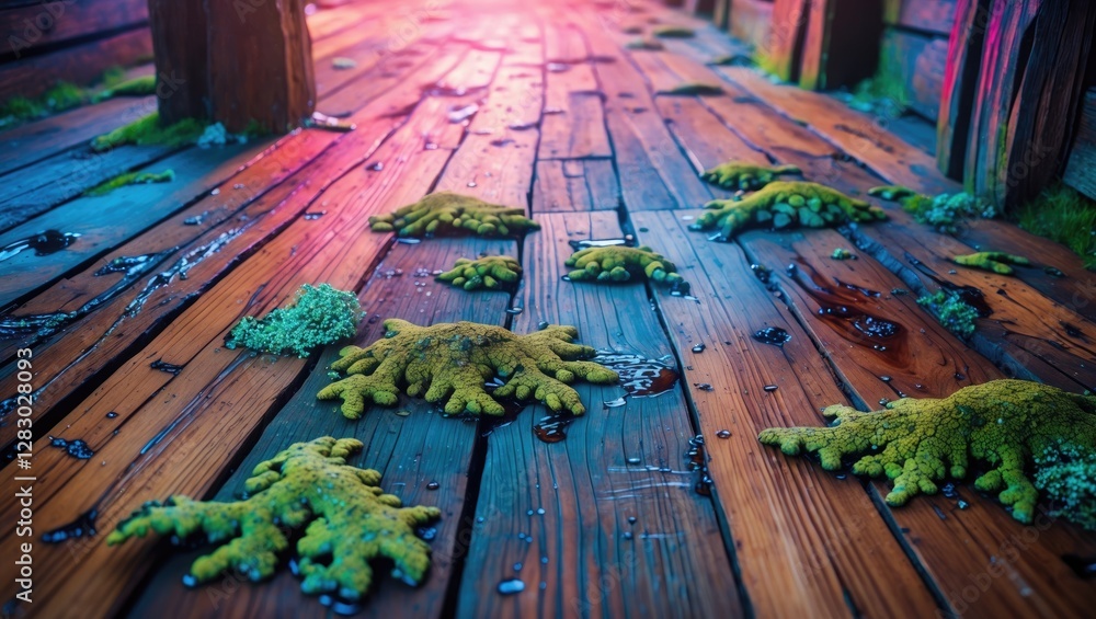 Aufkleber wooden floor with colorful patches of moss and algae in a vibrant, illuminated setting showing moist