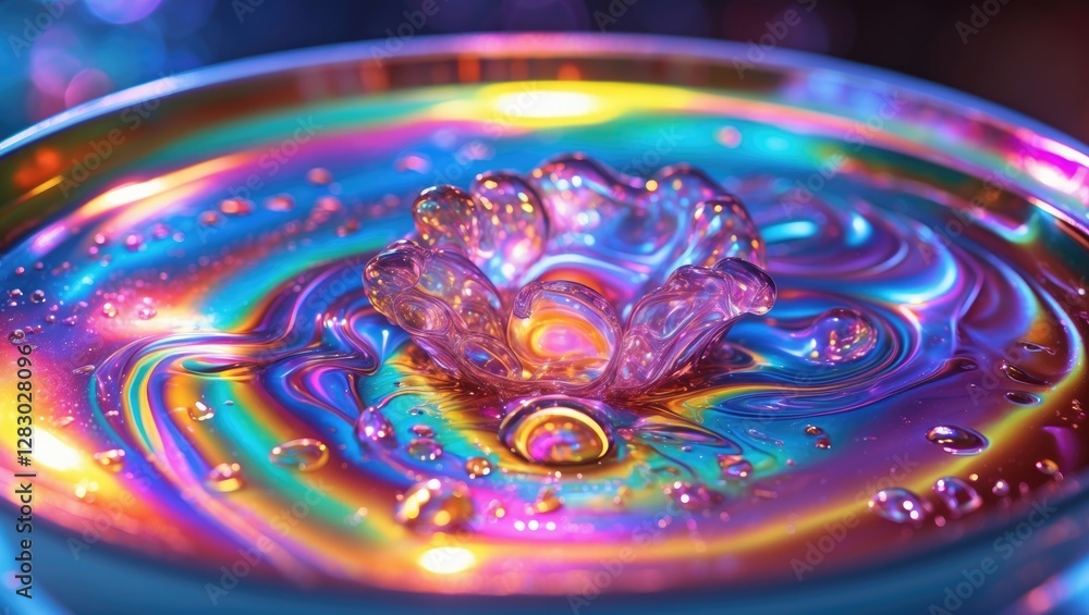 Poster colorful water splash effect with iridescent surface and bubble reflections in a visually striking a