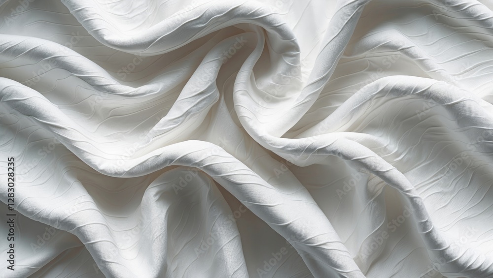 Poster textured white fabric with subtle patterns and soft draping, ideal for backgrounds or clothing desig
