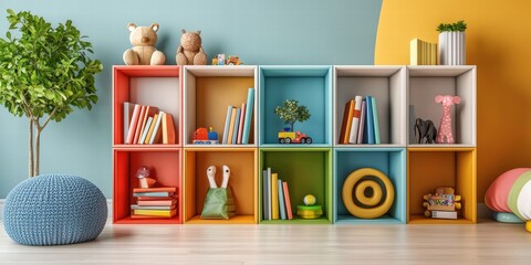 A colorful bookshelf filled with books, toys, and playful decor in a child's bedroom, creating a cheerful and vibrant atmosphere.