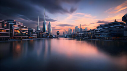 Fototapeta premium Digital Cityscape View Of Buildings Reflections On Water Surface During Evening Sunset And Blue Cloudy Sky