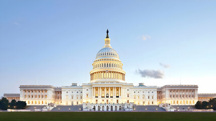 White Capitol Building Illuminated Against a Blue Sky at Dusk with Green Grass in the Foreground