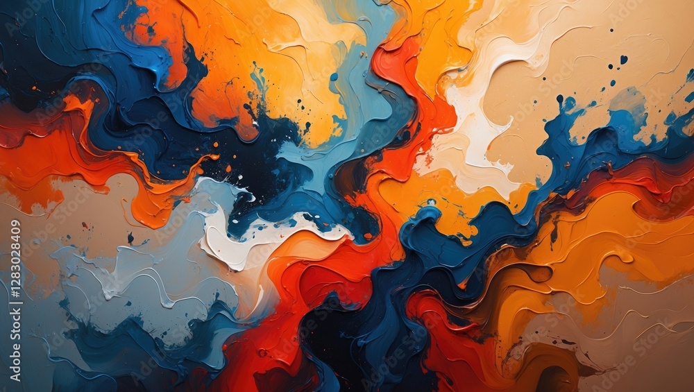 Poster abstract colorful fluid art with swirling patterns in orange, blue, and white tones creating a dynam