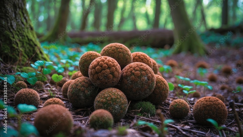 Poster mushroom-like formations in dense forest setting with green foliage and sunlight filtering through t