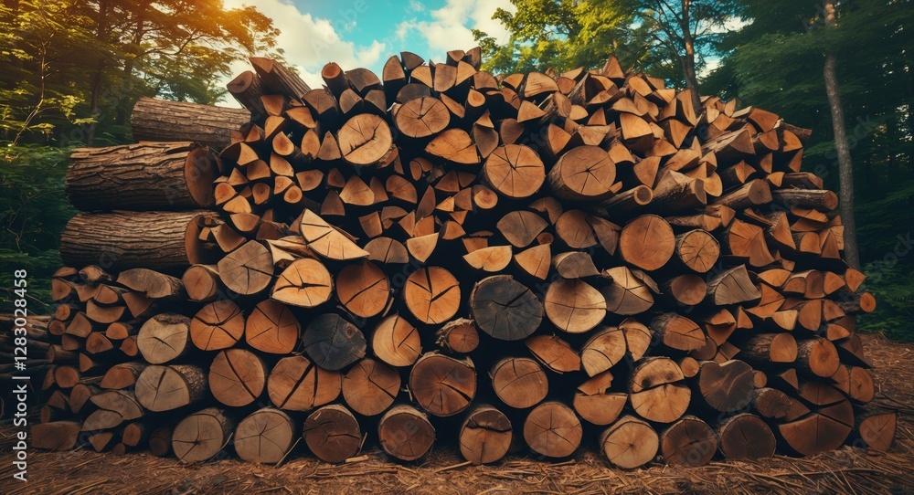 Poster stacked logs in a forest setting showcasing neatly cut firewood with varying circle patterns and tex