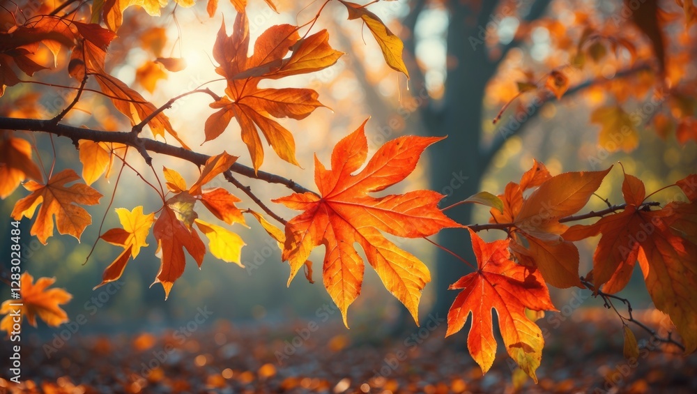 Poster vibrant autumn leaves on branches with warm sunlight filtering through a forest setting in the backg