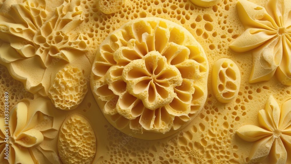Poster Yellow sponge texture with floral and circular patterns displaying intricate details and varying shapes and sizes.