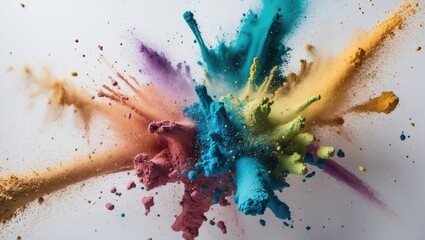 Obraz premium Colorful powder explosion on white background creating vibrant abstract patterns in shades of blue, purple, orange, and pink