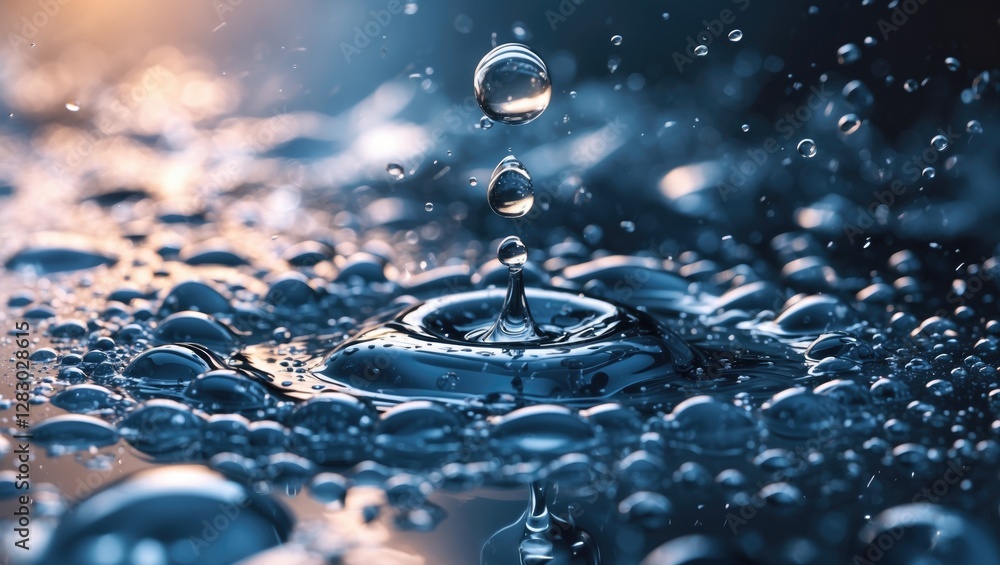 Poster close-up of water droplets splashing on a surface creating ripples with reflections and bubbles in a