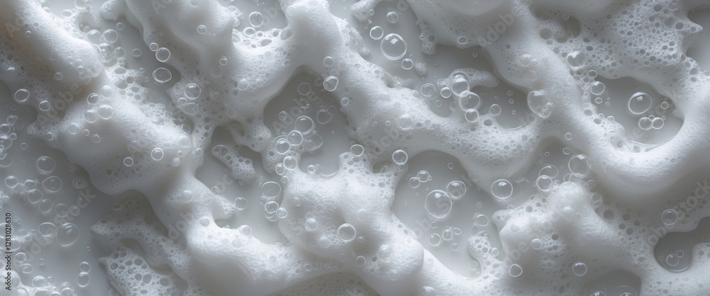 Poster close-up of white foam with bubbles creating an abstract texture on a smooth surface