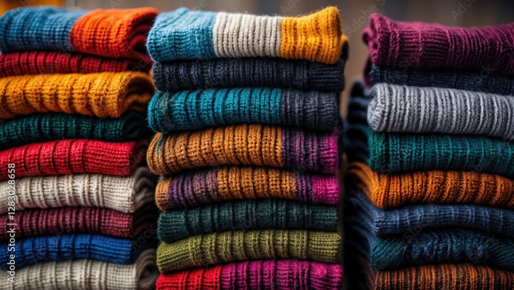 Poster stacked neatly folded colorful knitted sweaters displayed in a retail setting showcasing various tex