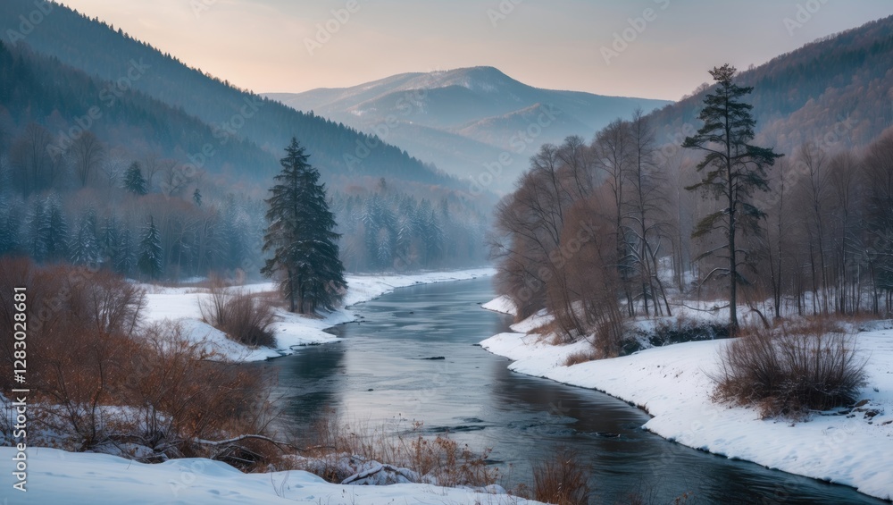 Poster winter landscape with river flowing through snow-covered mountains and trees under soft light in a t