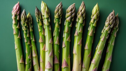 Fresh green asparagus spears arranged in a row on a green background with pink tips showing natural textures and colors.