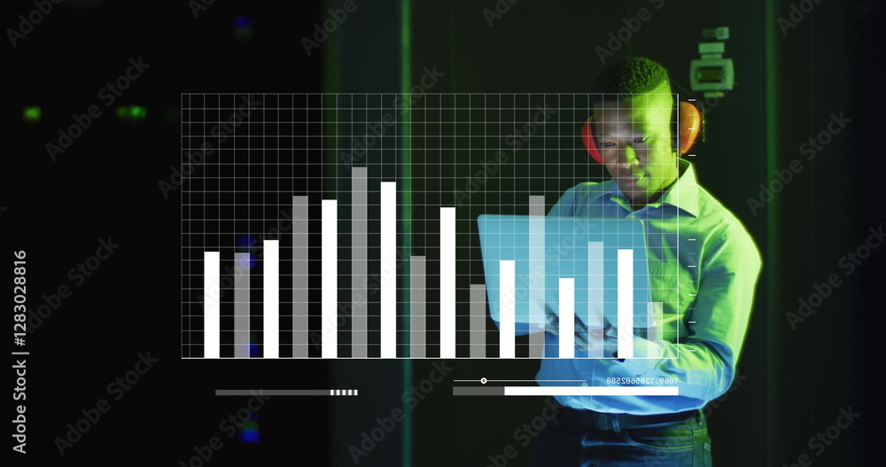 Poster image of digital data processing over afrcian american it man with laptop by computer servers